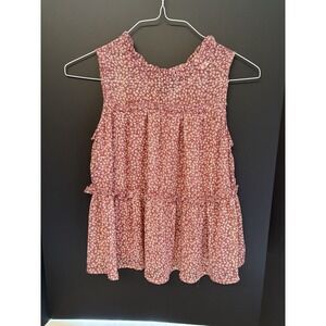 MONTEAU Red‎ Floral Blouse Women's M Ruffle Neck Sleeveless Tiered Boho Top